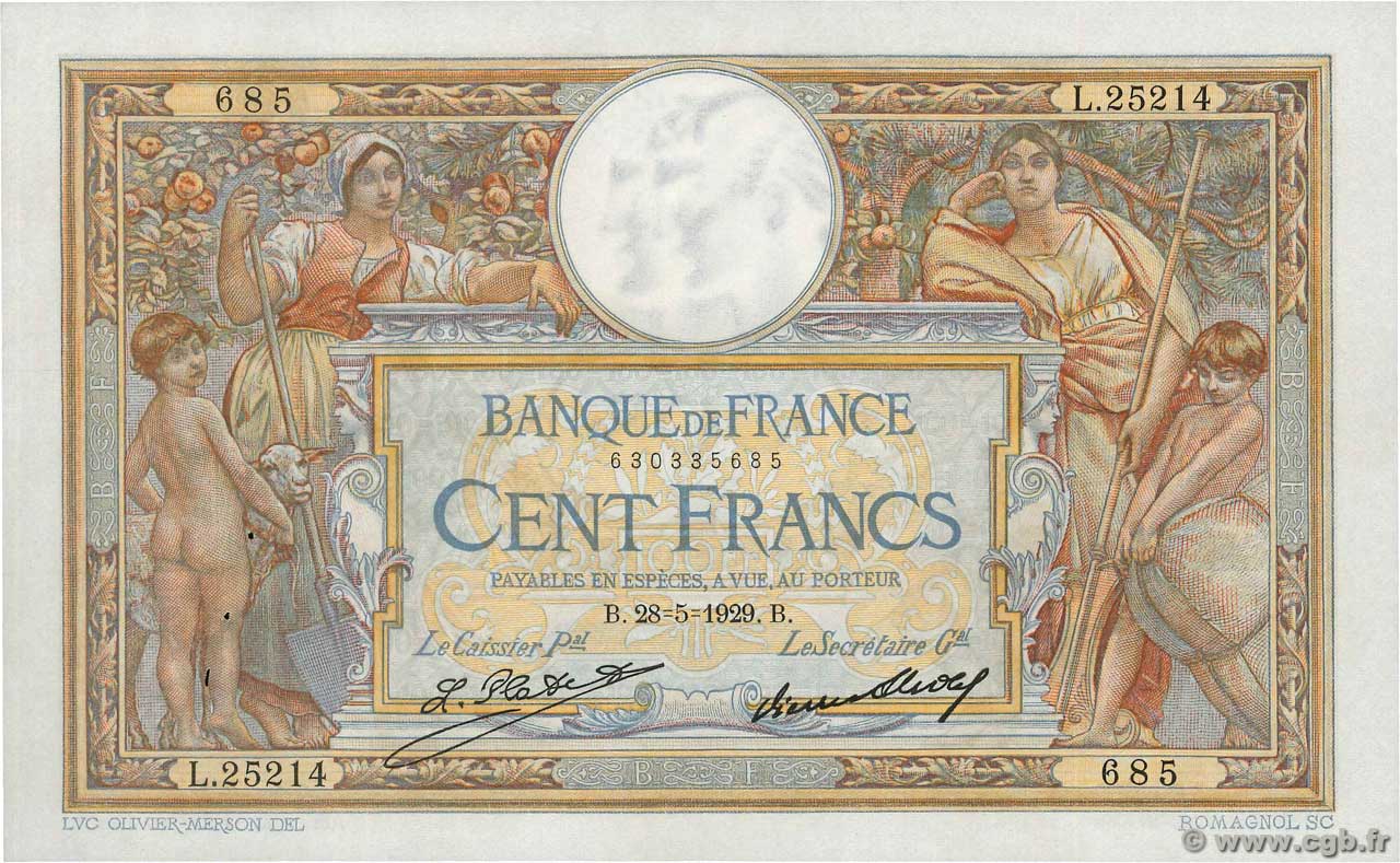 100 Francs LUC OLIVIER MERSON grands cartouches FRANCE  1929 F.24.08 XF-
