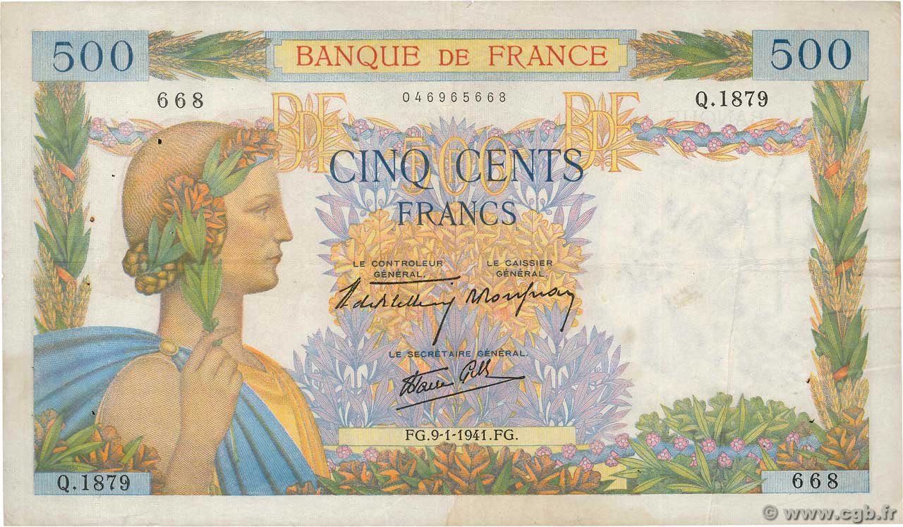 500 Francs LA PAIX FRANCE  1941 F.32.12 TB+