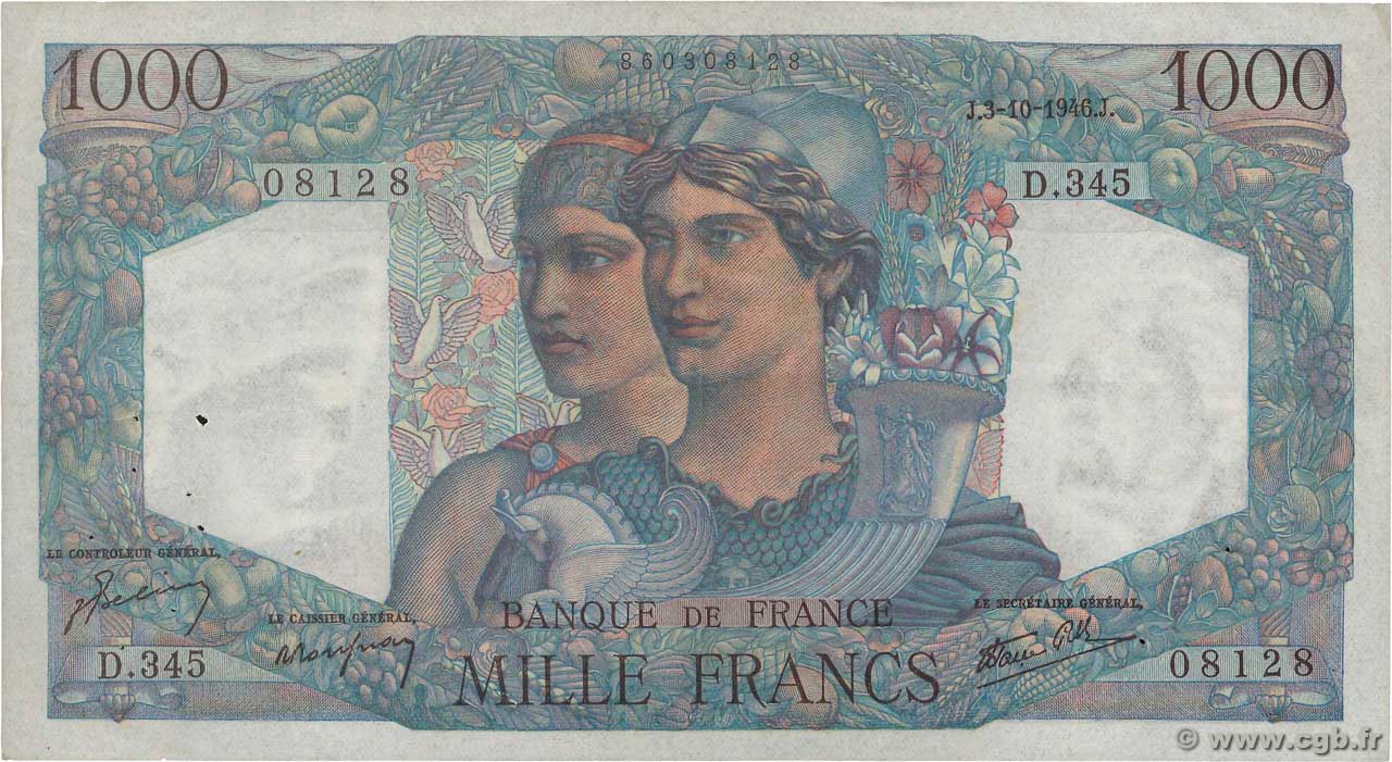 1000 Francs MINERVE ET HERCULE FRANCE  1946 F.41.17 VF-