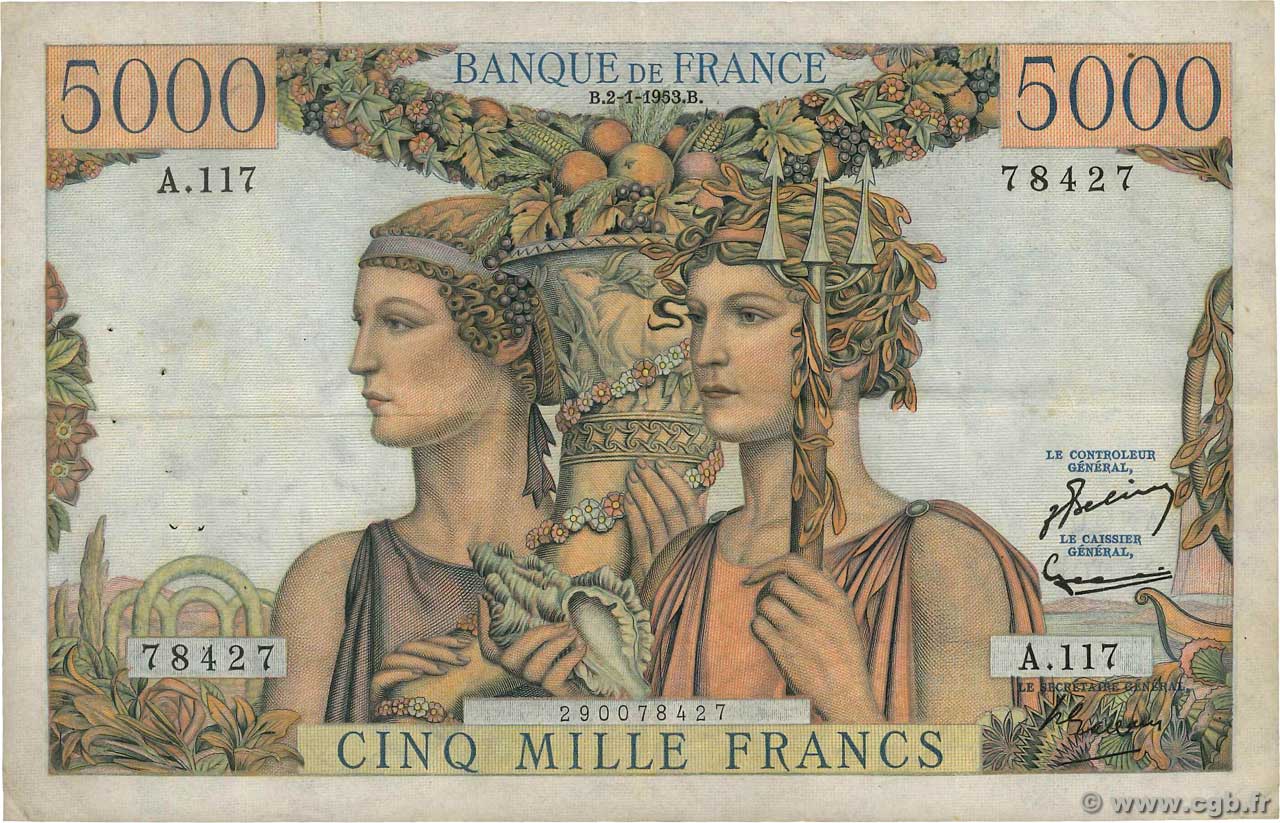 5000 Francs TERRE ET MER FRANCIA  1953 F.48.08 q.BB