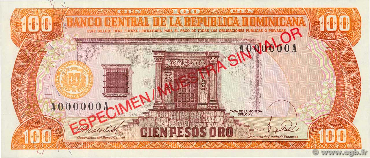 100 Pesos Oro Spécimen RÉPUBLIQUE DOMINICAINE  1988 P.128s1 UNC