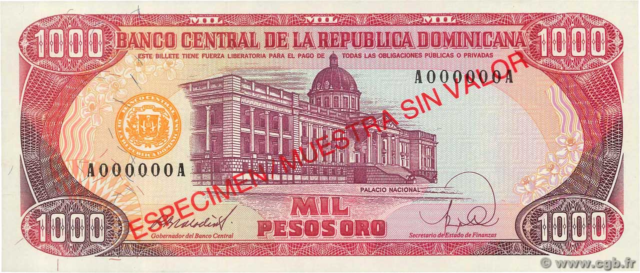 1000 Pesos Oro Spécimen RÉPUBLIQUE DOMINICAINE  1988 P.130s1 NEUF