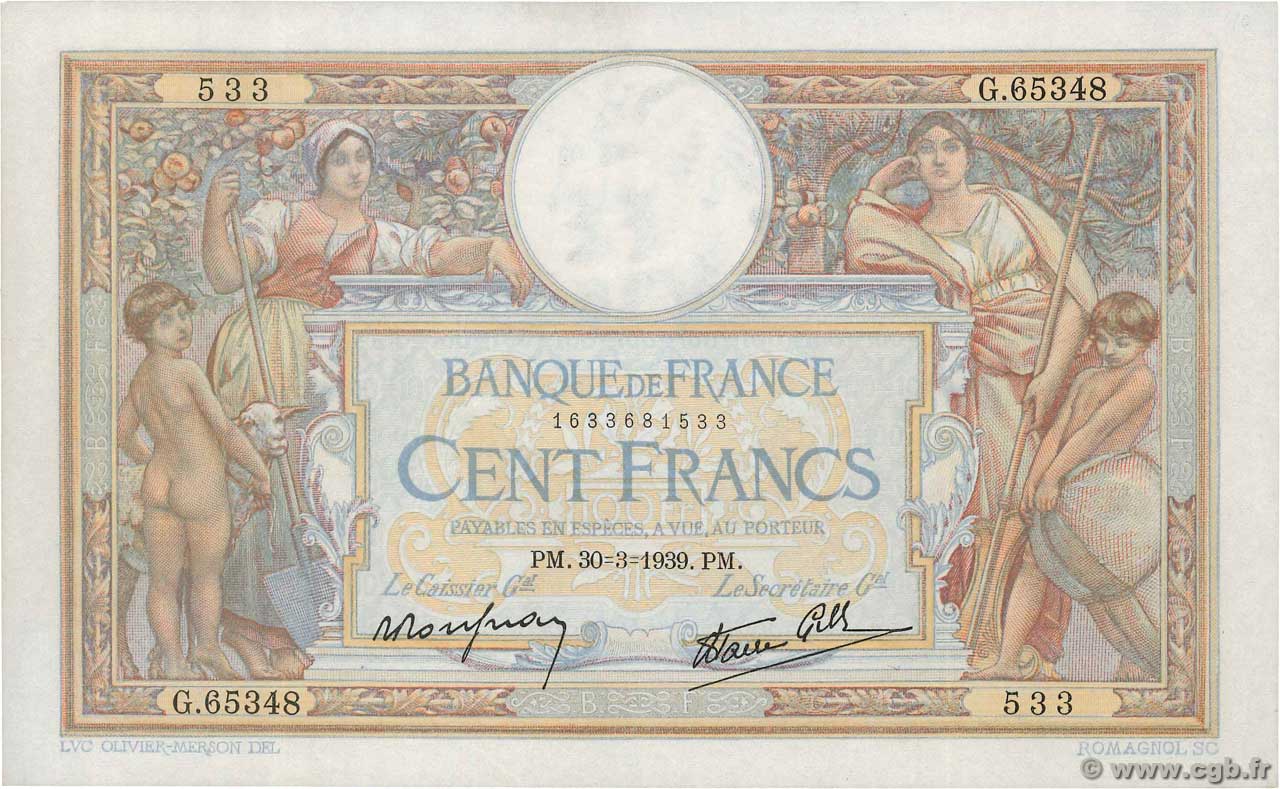 100 Francs LUC OLIVIER MERSON type modifié FRANKREICH  1939 F.25.44 VZ