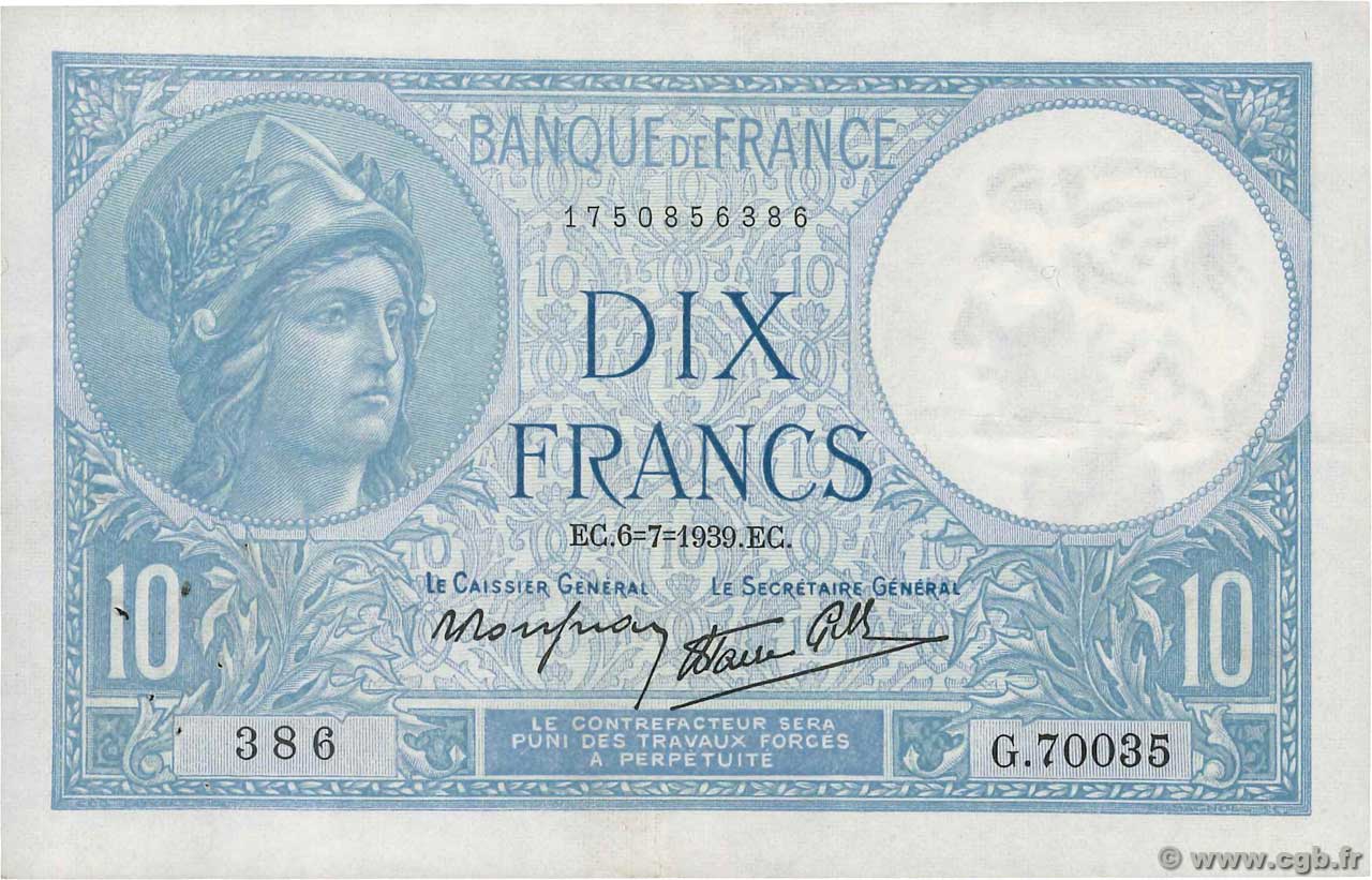 10 Francs MINERVE modifié FRANCE  1939 F.07.04 VF+