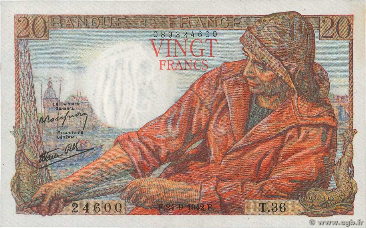 20 Francs PÊCHEUR FRANKREICH  1942 F.13.03 VZ