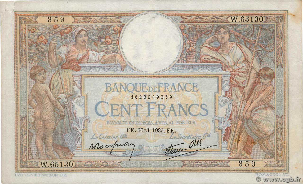 100 Francs LUC OLIVIER MERSON type modifié FRANCE  1939 F.25.44 TB+