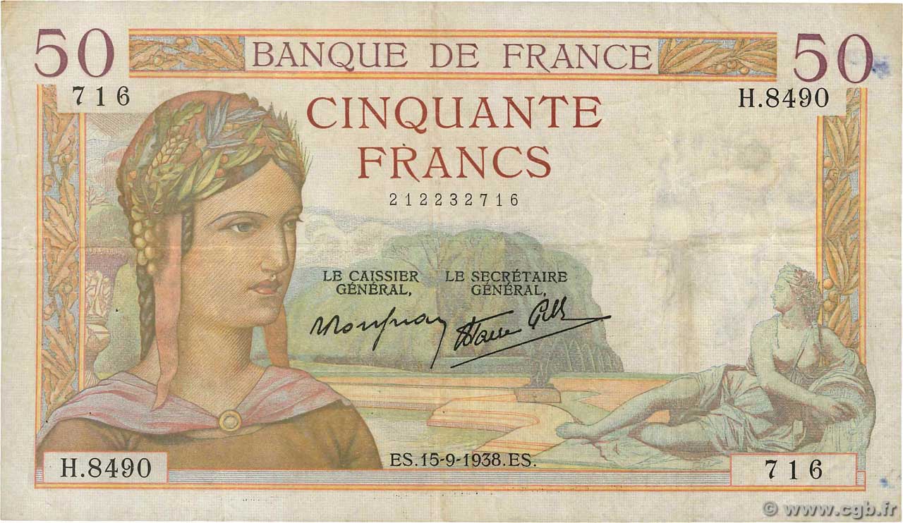 50 Francs CÉRÈS modifié FRANCE  1938 F.18.14 TB+