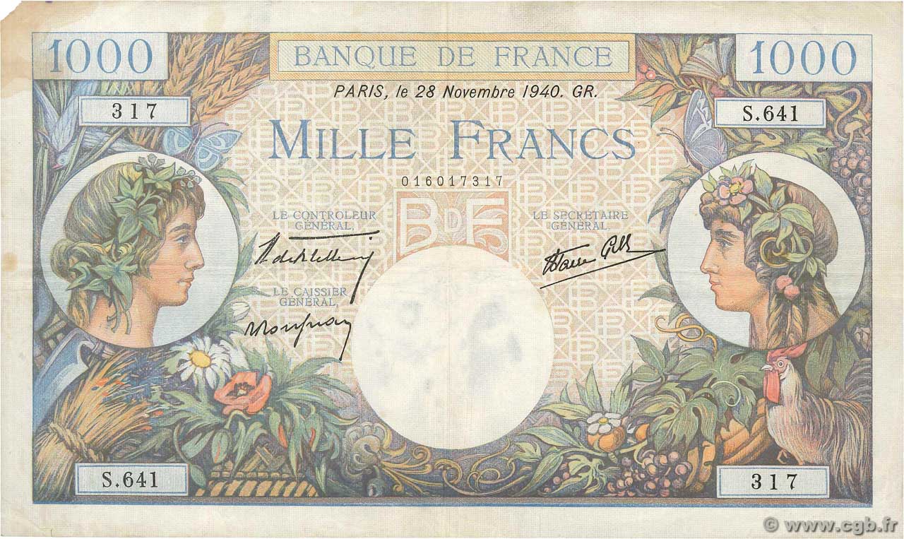 1000 Francs COMMERCE ET INDUSTRIE FRANCIA  1940 F.39.02 BC