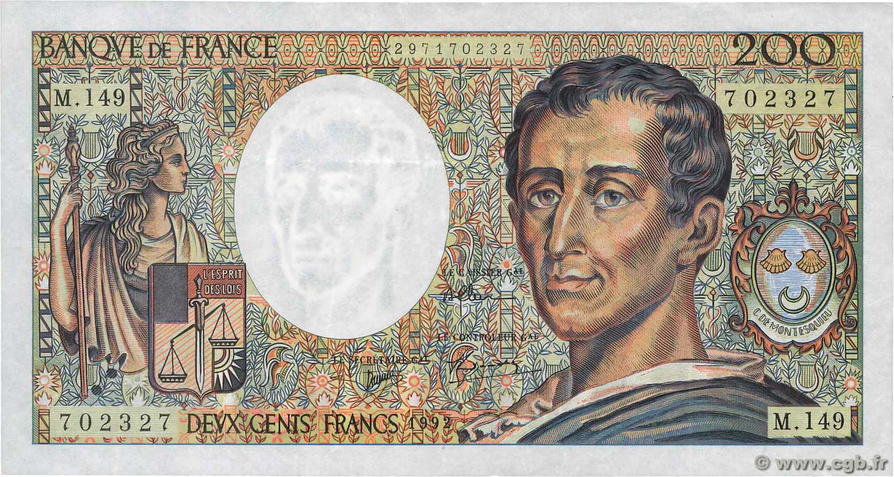 200 Francs MONTESQUIEU FRANCE  1992 F.70.12c VF-