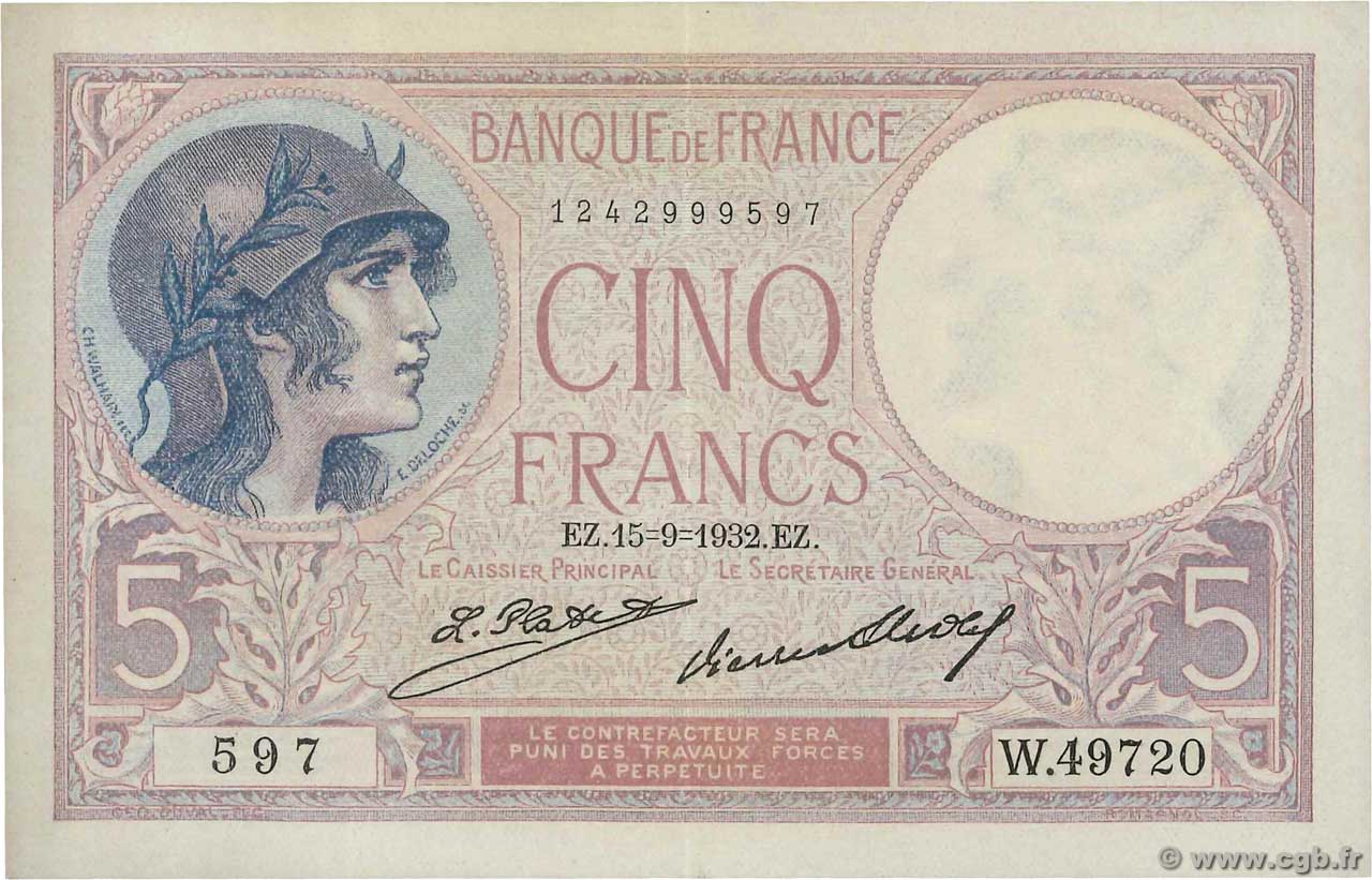 5 Francs FEMME CASQUÉE FRANCE  1932 F.03.16 pr.SPL