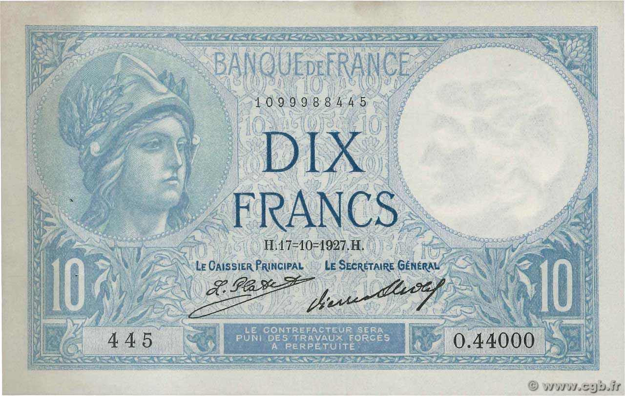 10 Francs MINERVE FRANKREICH  1927 F.06.12a VZ