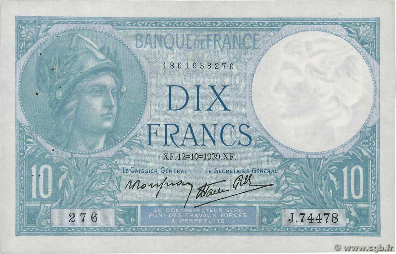 10 Francs MINERVE modifié FRANCIA  1939 F.07.11 MBC+