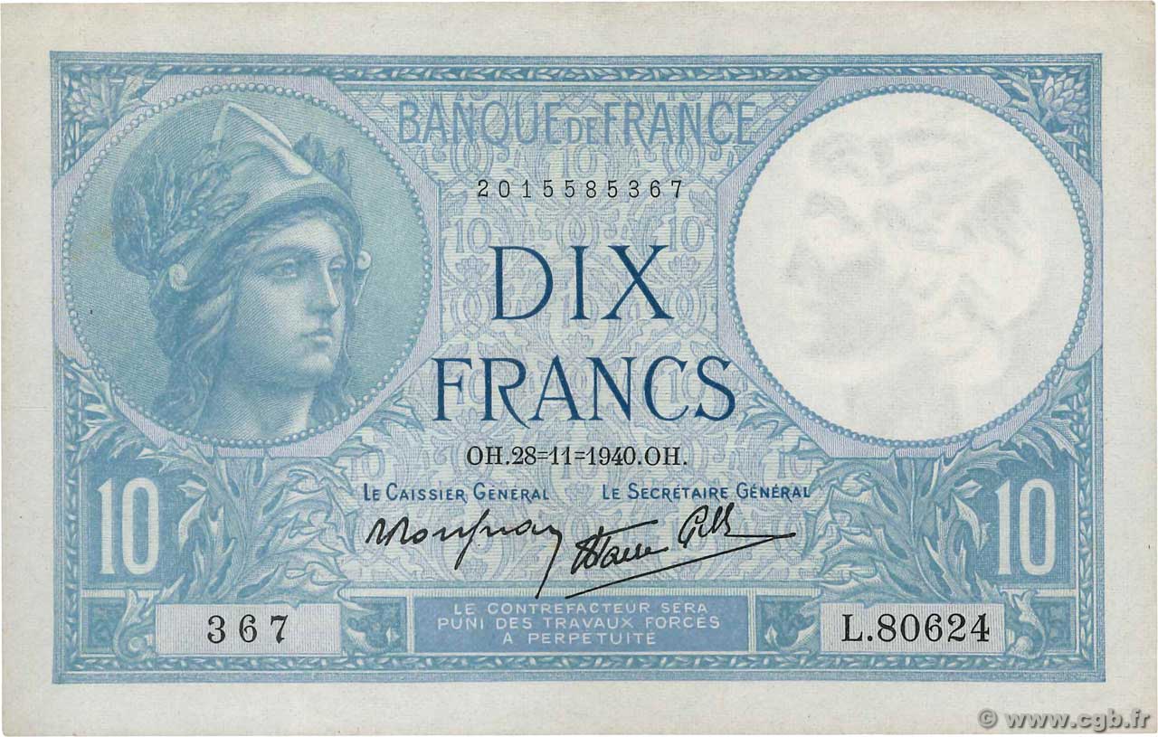10 Francs MINERVE modifié FRANCE  1940 F.07.22 VF+