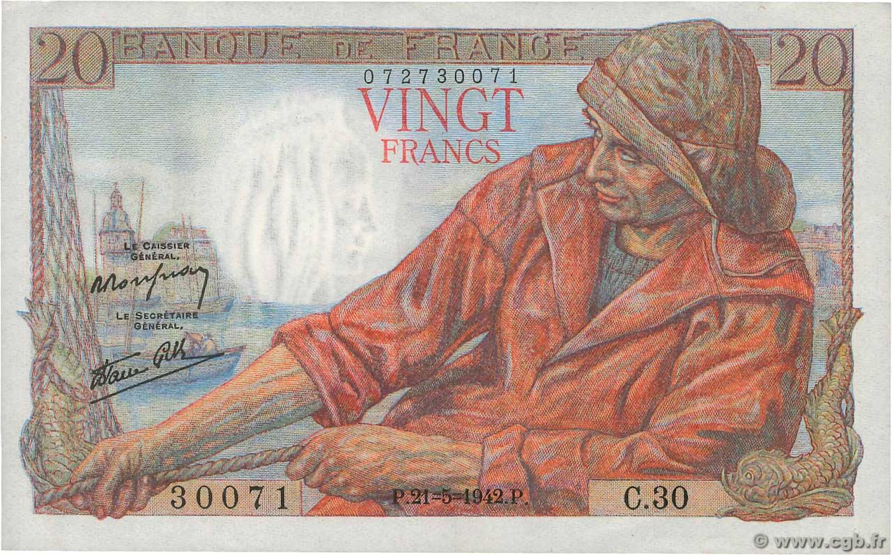 20 Francs PÊCHEUR FRANCIA  1942 F.13.02 MBC