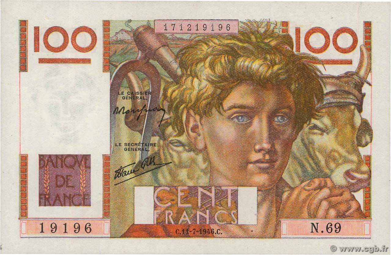 100 Francs JEUNE PAYSAN FRANCE  1946 F.28.06 VF