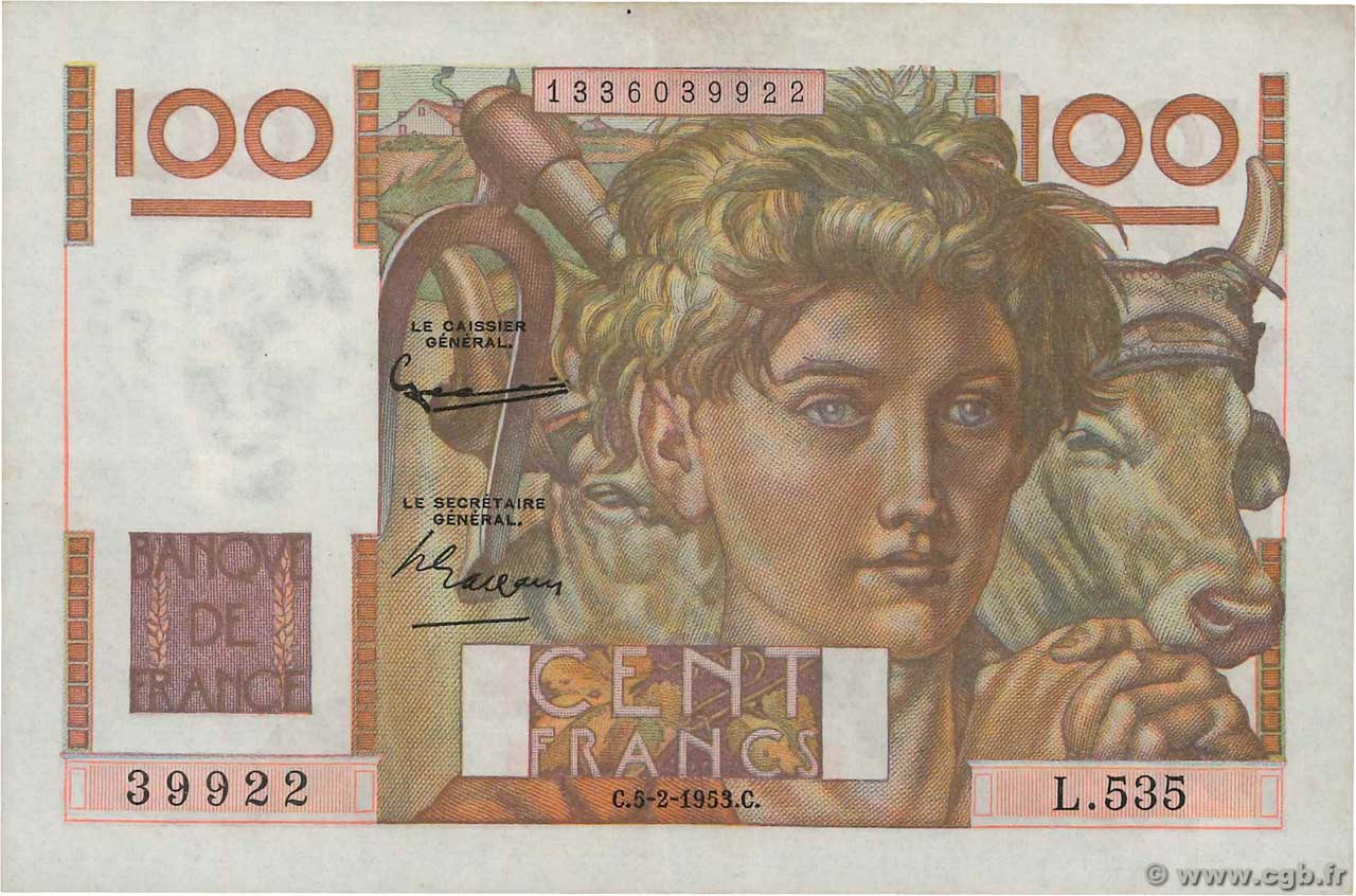 100 Francs JEUNE PAYSAN FRANCE  1953 F.28.36 XF