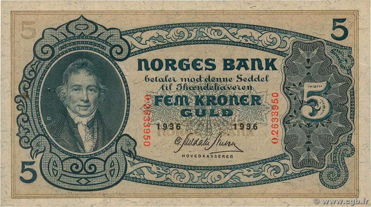 5 Kroner NORVÈGE  1936 P.07c VF+