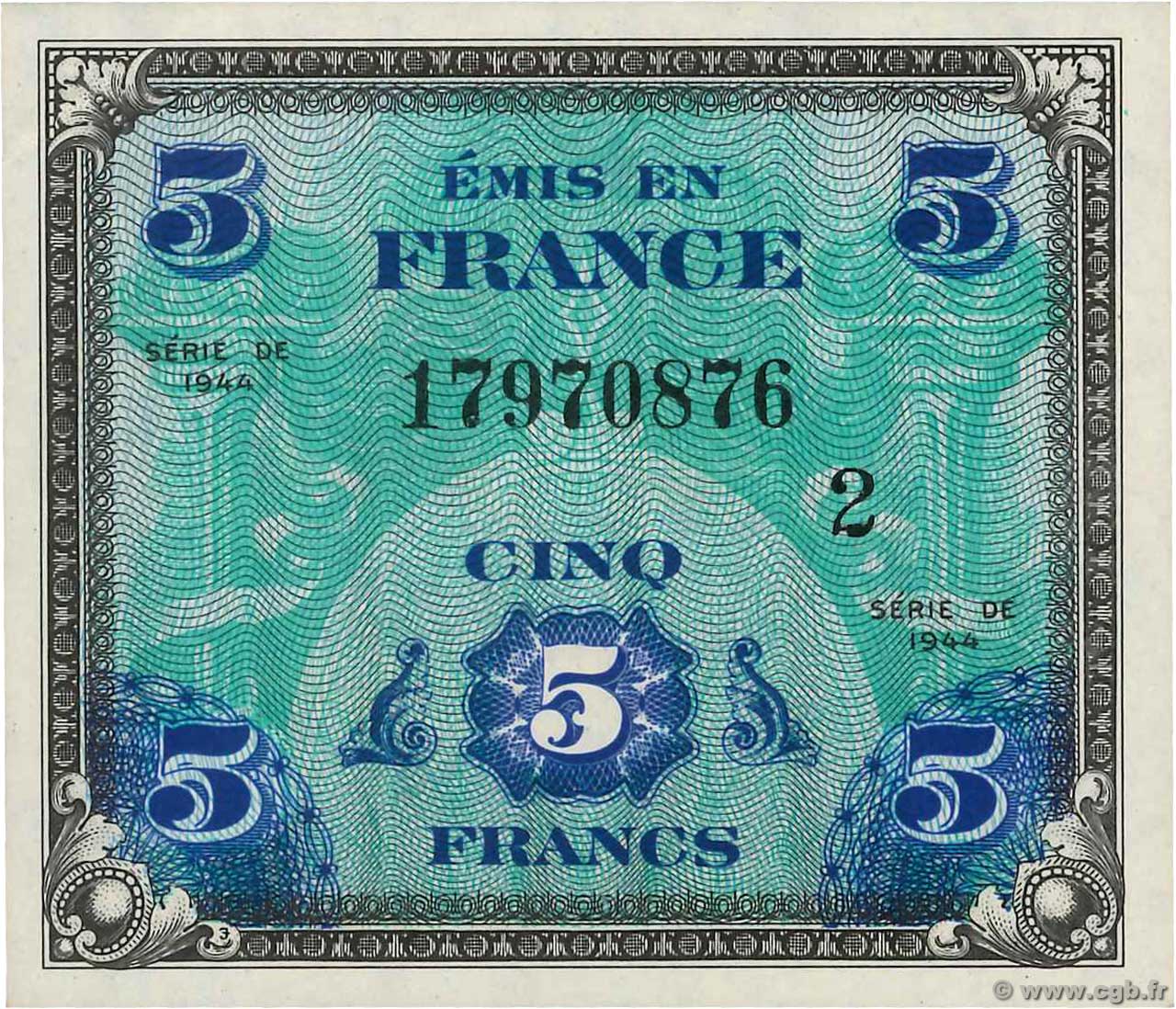 5 Francs DRAPEAU FRANCE  1944 VF.17.02 UNC-
