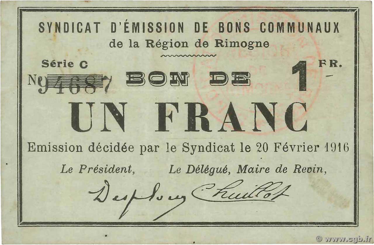 1 Franc FRANCE regionalism and miscellaneous Rimogne 1916 JP.08-190 VF
