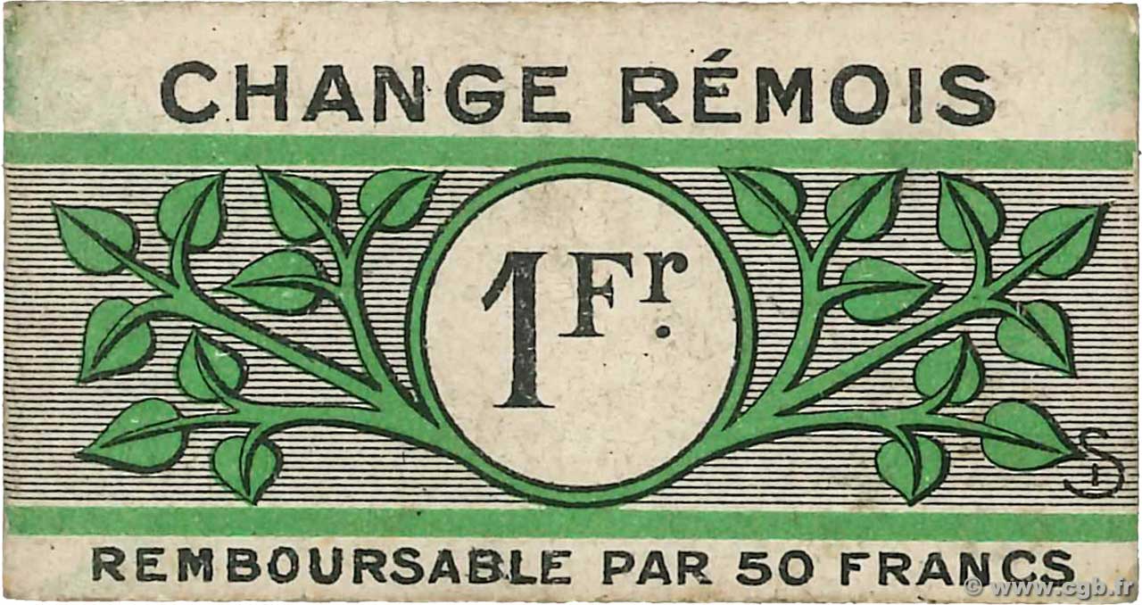 1 Franc FRANCE regionalism and various Reims 1914 JP.51-45 AU