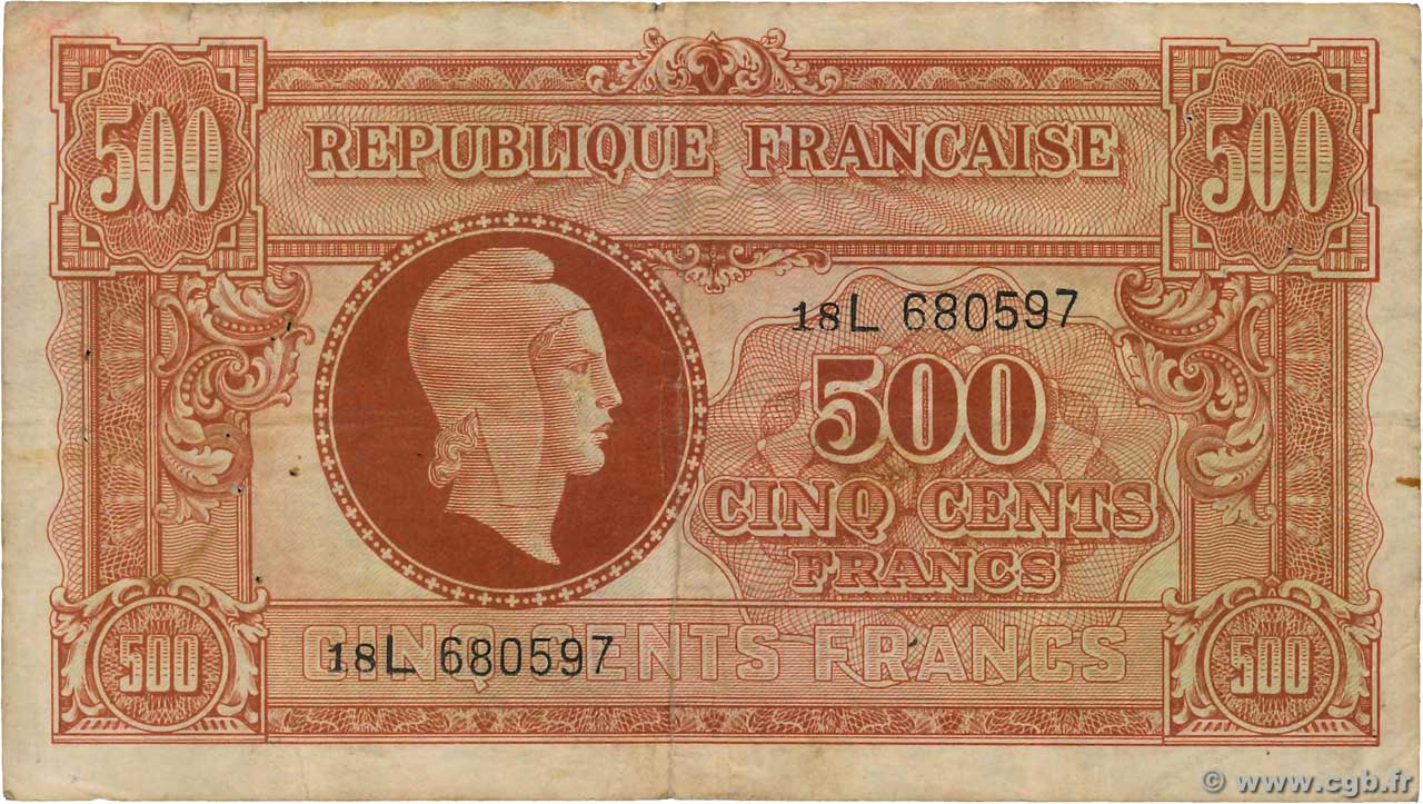 500 Francs MARIANNE fabrication anglaise FRANCE  1945 VF.11.01 F-