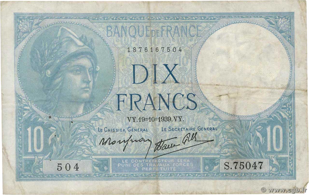 10 Francs MINERVE modifié FRANCE  1939 F.07.12 F