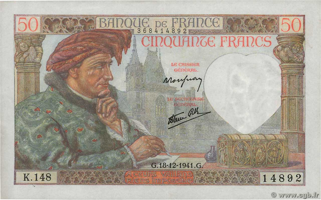 50 Francs JACQUES CŒUR FRANCE  1941 F.19.17 VF+