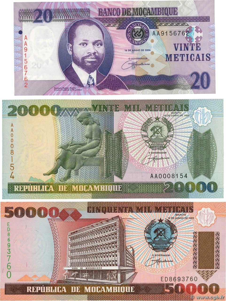20, 20000 et 50000 Meticais Lot MOZAMBIQUE  1993 P.138, P.140 et P.143a UNC