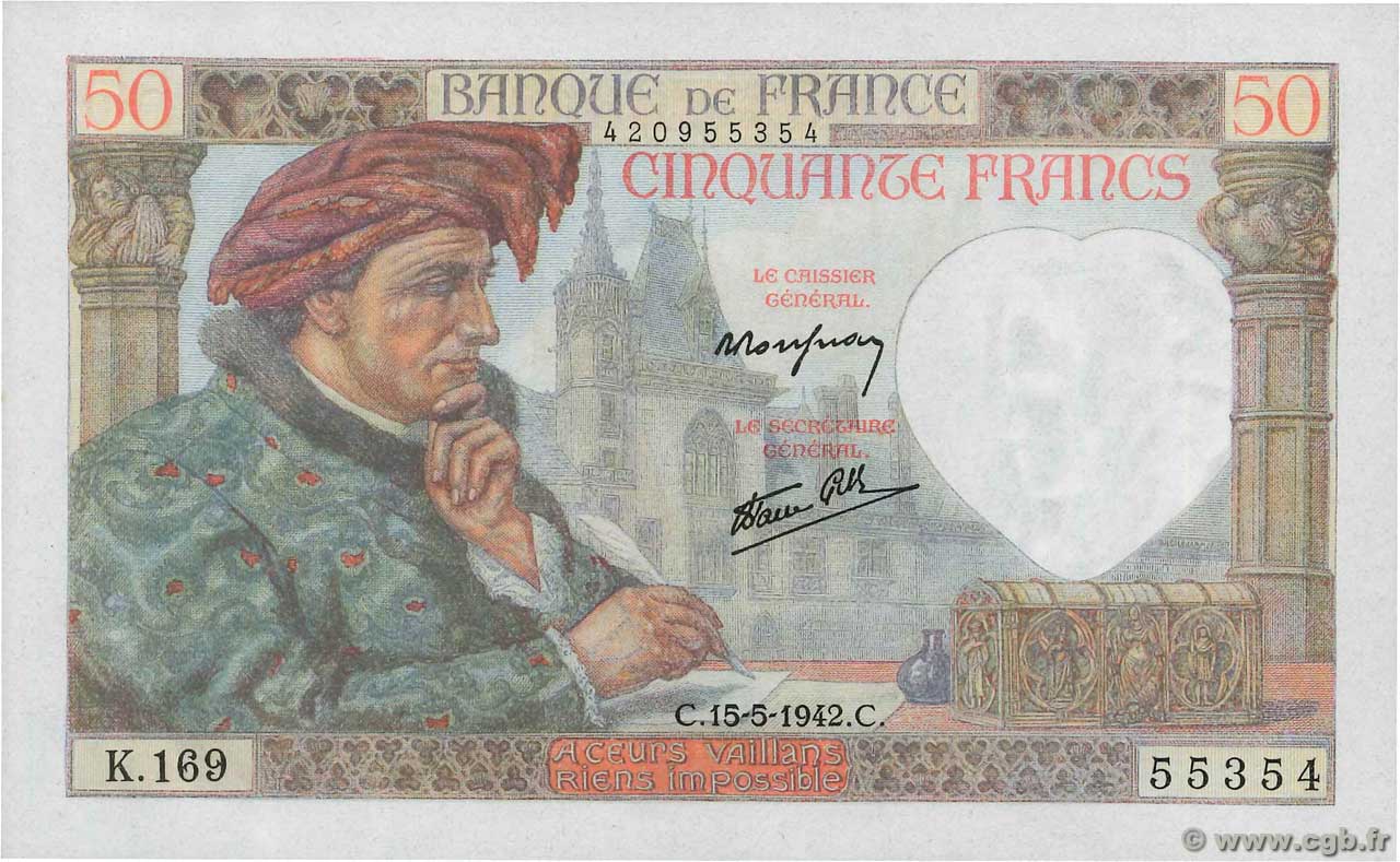 50 Francs JACQUES CŒUR FRANCE  1942 F.19.20 NEUF