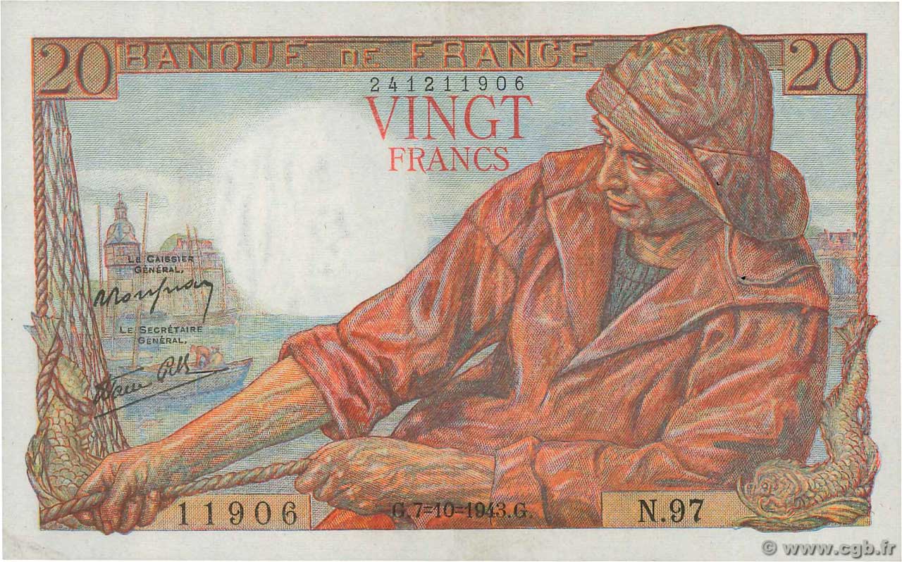 20 Francs PÊCHEUR FRANCE  1943 F.13.07 VF