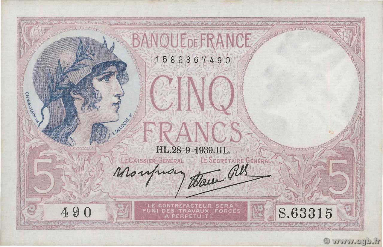 5 Francs FEMME CASQUÉE modifié FRANCE  1939 F.04.10 SPL