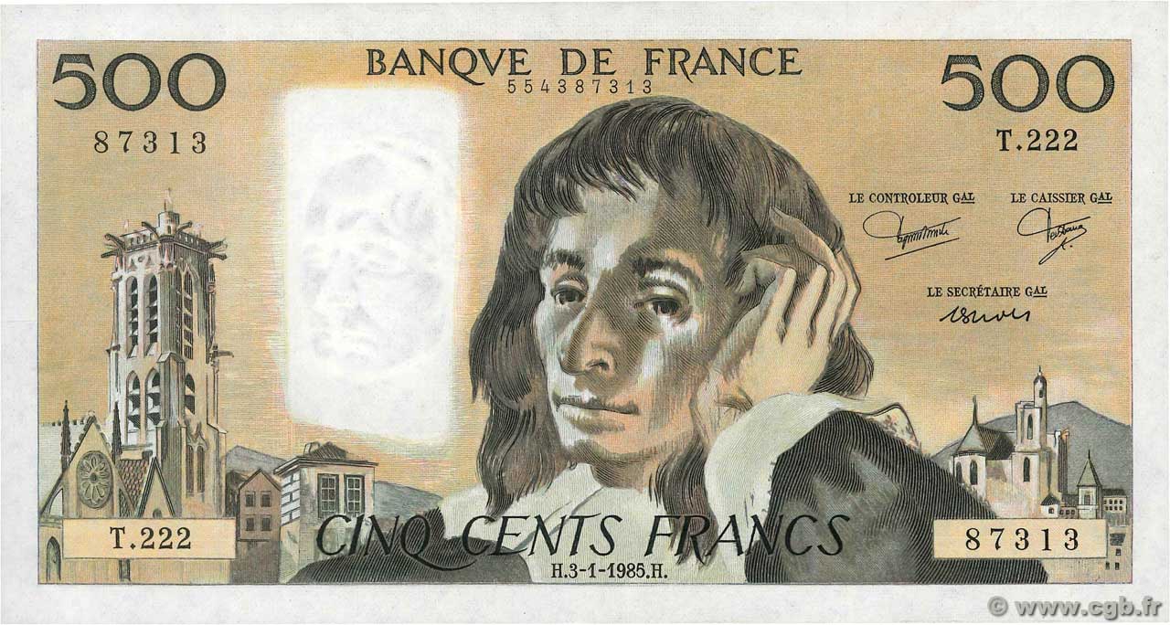 500 Francs PASCAL FRANCE  1985 F.71.32 UNC-