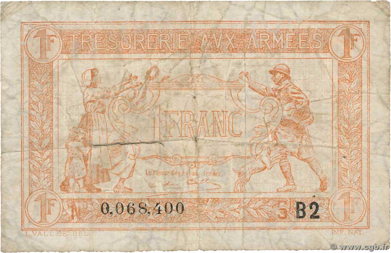 1 Franc TRÉSORERIE AUX ARMÉES 1919 FRANCIA  1919 VF.04.15 q.B
