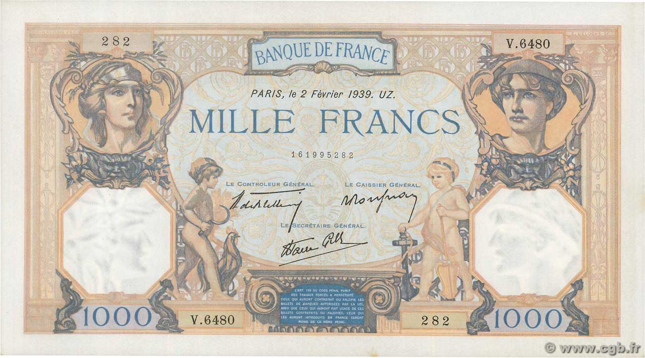 1000 Francs CÉRÈS ET MERCURE type modifié FRANCE  1939 F.38.34 pr.SPL