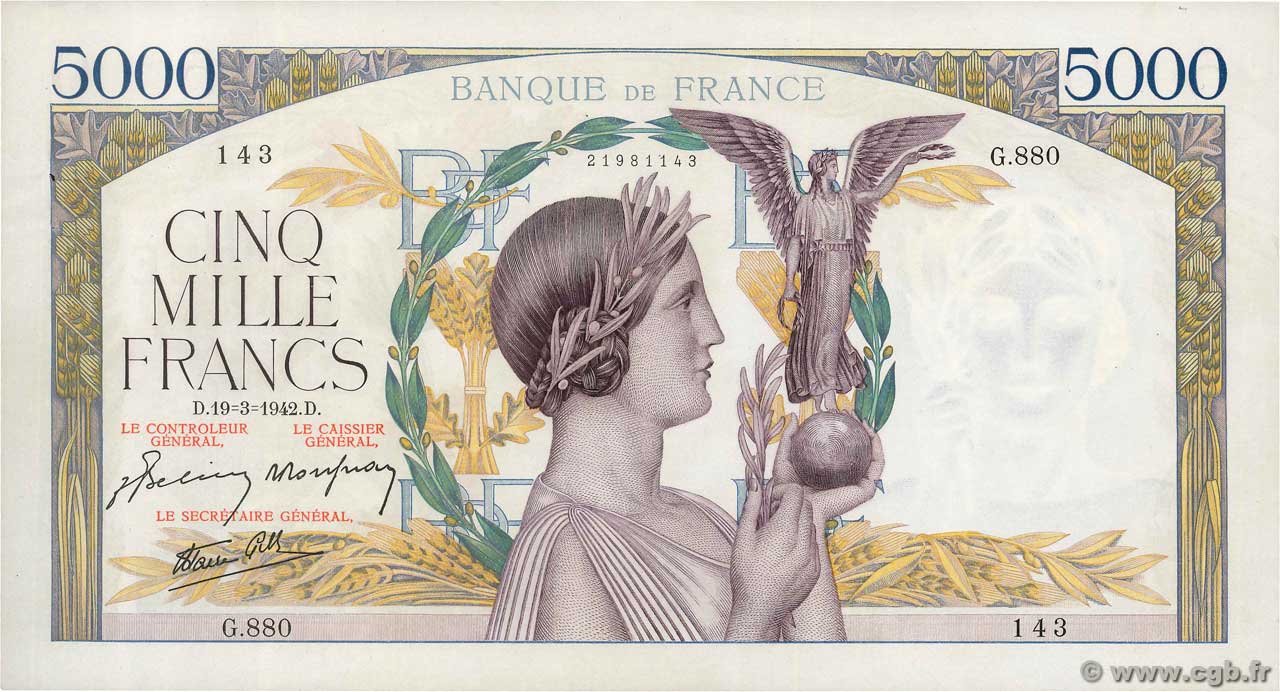 5000 Francs VICTOIRE Impression à plat FRANCE  1942 F.46.35 SUP+