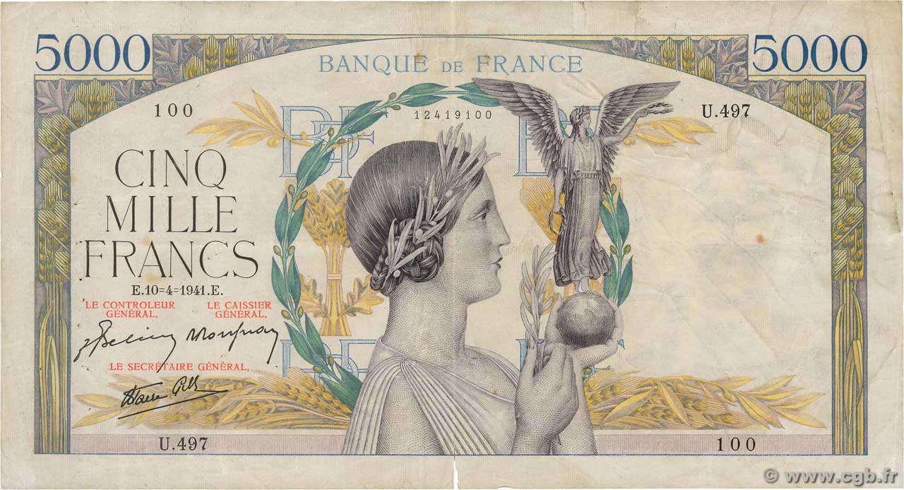 5000 Francs VICTOIRE Impression à plat FRANCIA  1941 F.46.19 q.MB