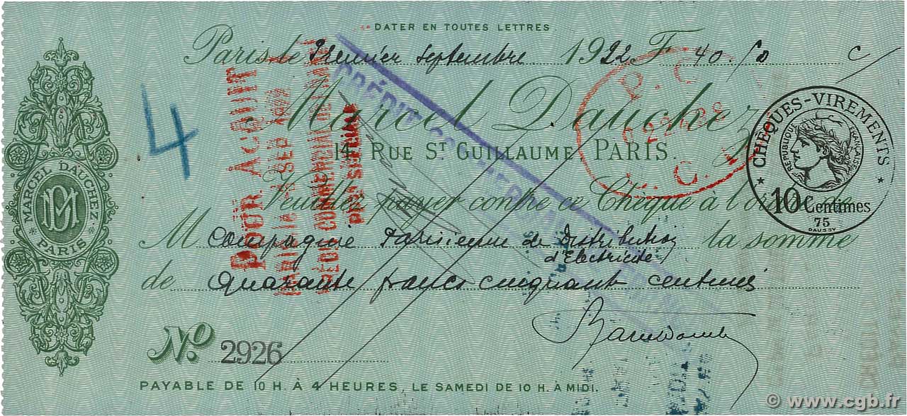 40,50 Francs FRANCE regionalismo y varios Paris 1922 DOC.Chèque EBC