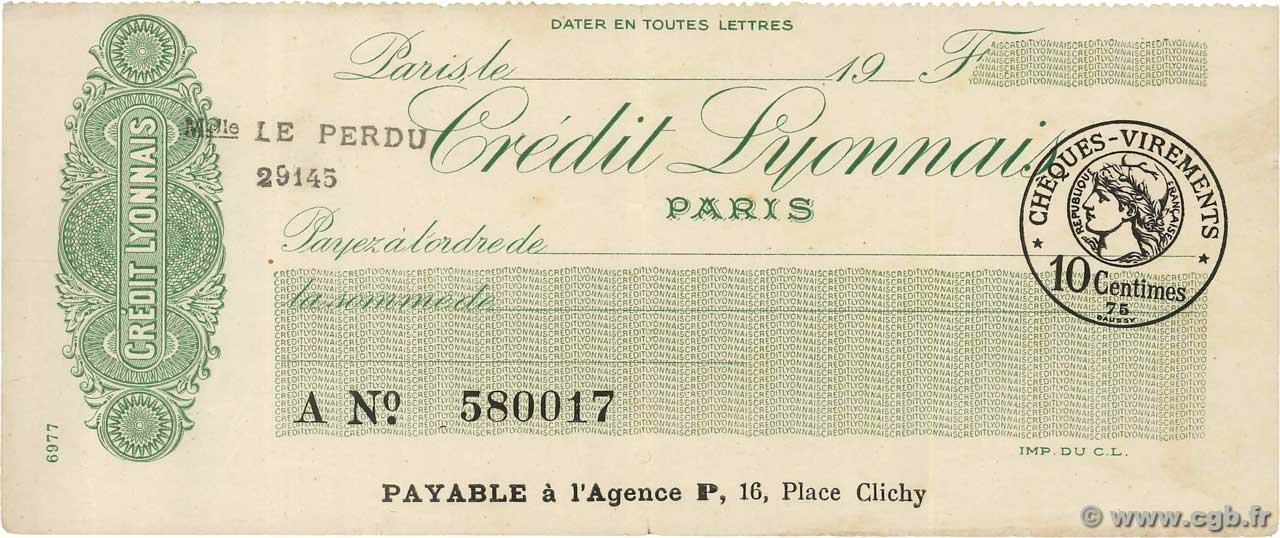 Francs FRANCE regionalism and various Paris 1920 DOC.Chèque VF