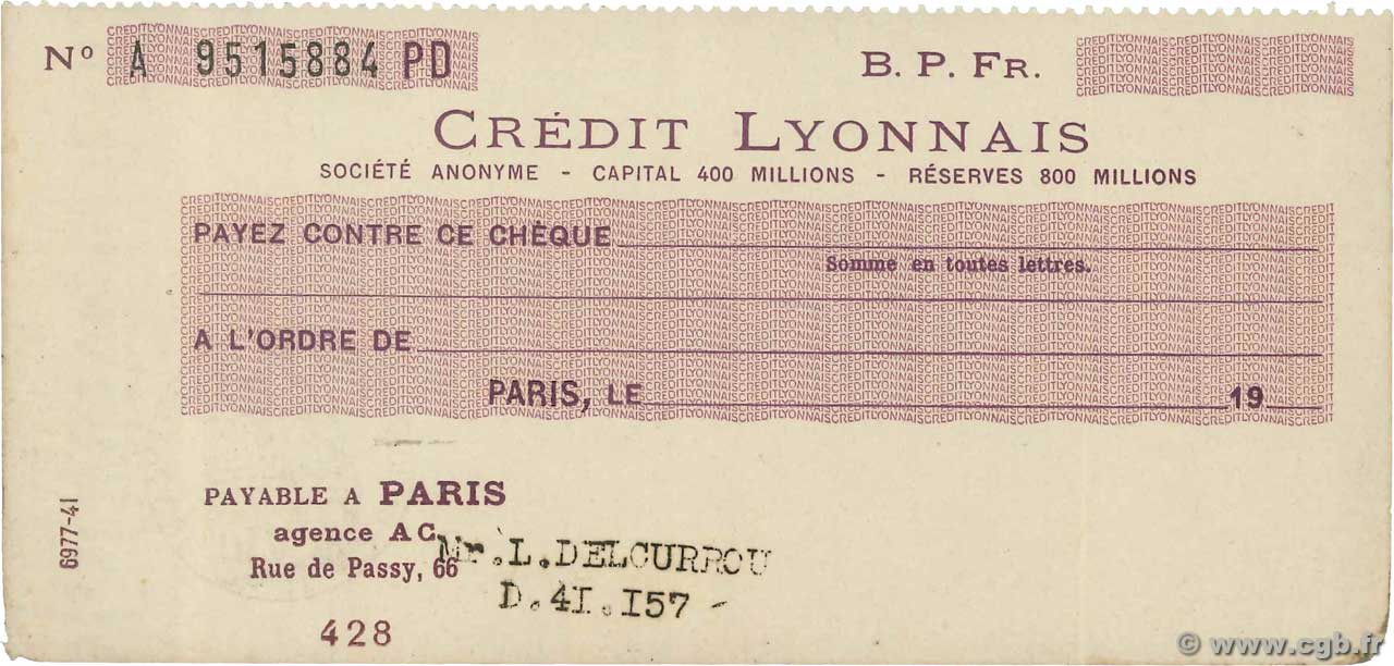 Francs FRANCE Regionalismus und verschiedenen Paris 1933 DOC.Chèque VZ
