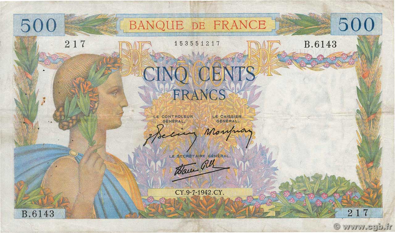 500 Francs LA PAIX FRANCE  1942 F.32.36 TB