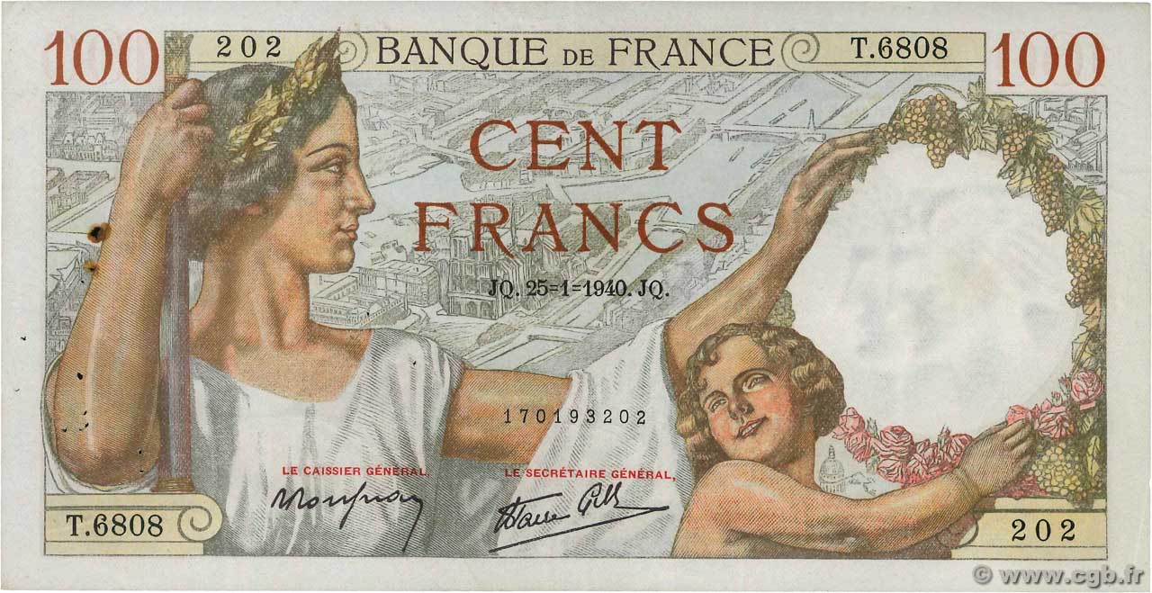 100 Francs SULLY FRANCE  1940 F.26.21 TB+