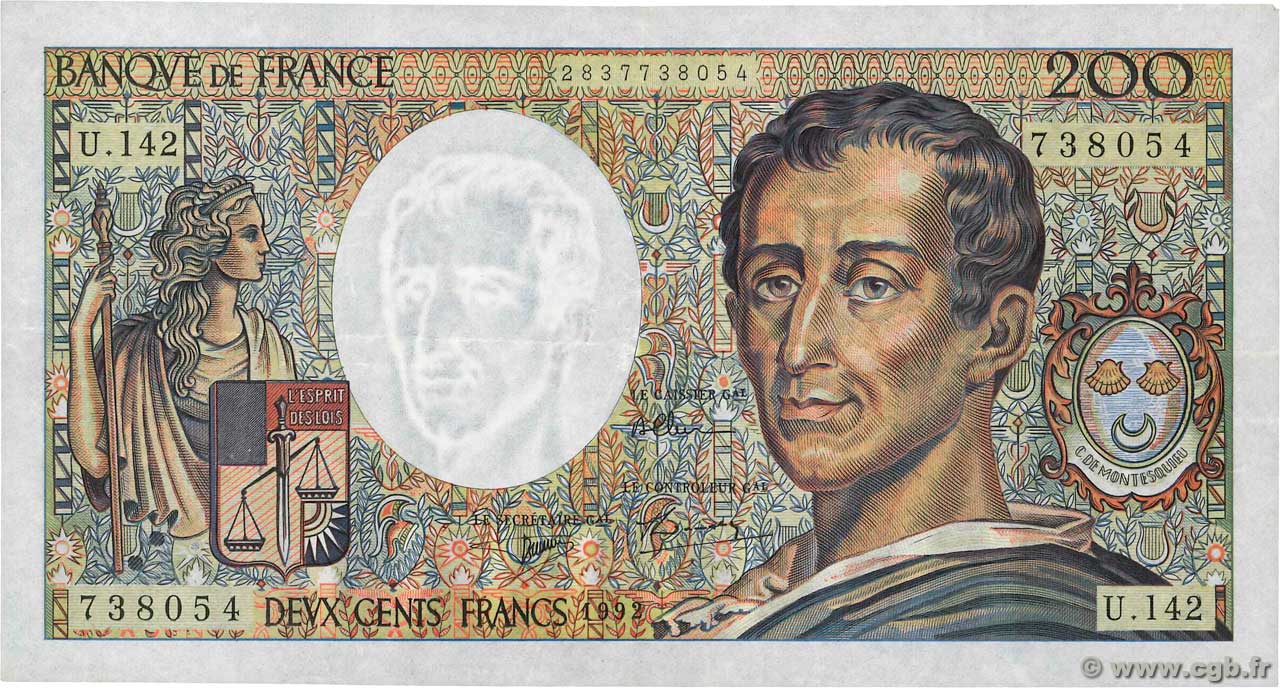 200 Francs MONTESQUIEU FRANCE  1992 F.70.12c F+