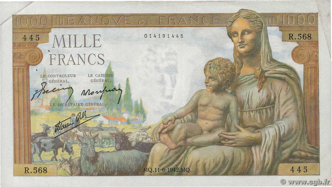 1000 Francs DÉESSE DÉMÉTER FRANCE  1942 F.40.02 VF-