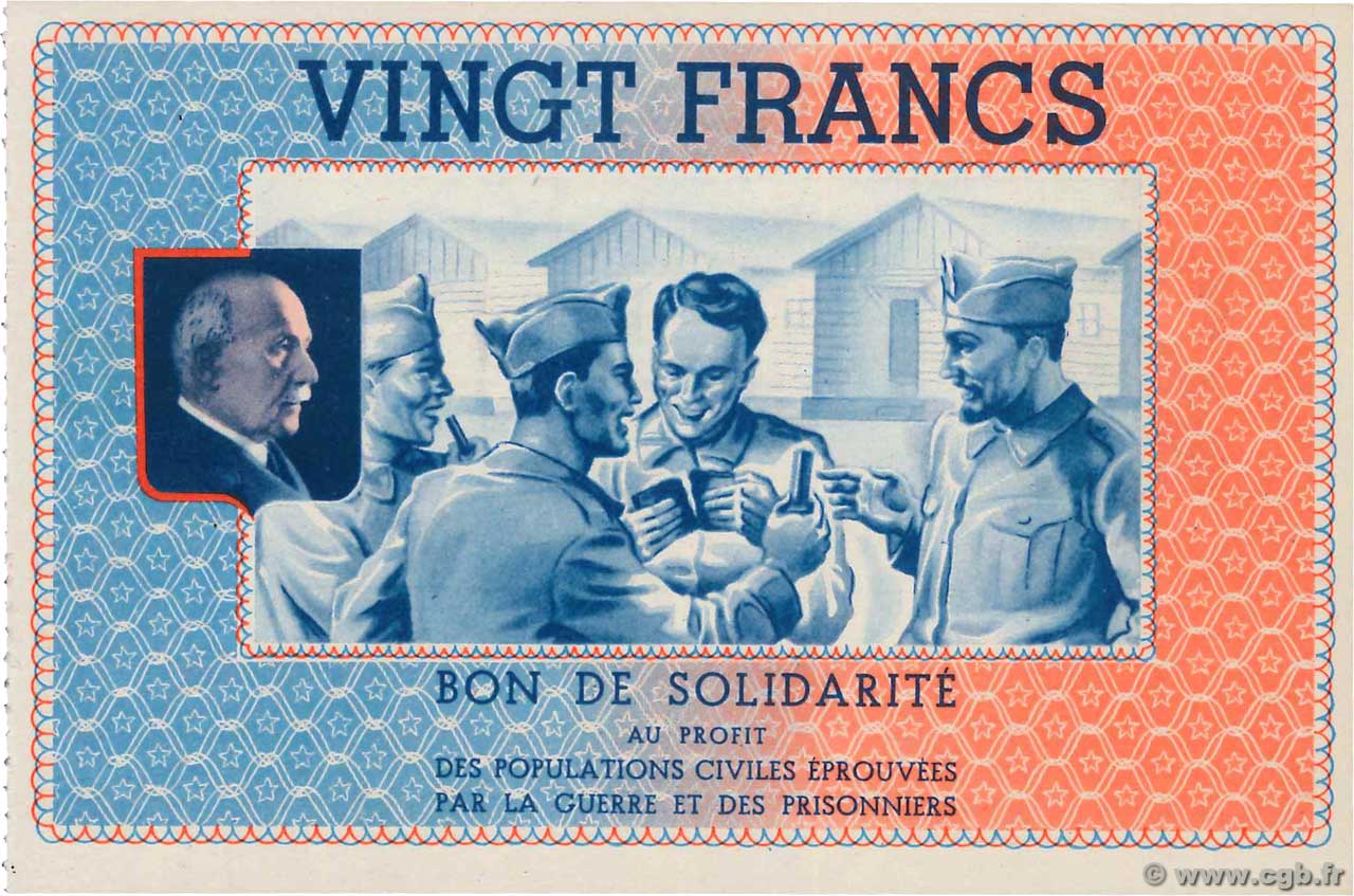Bon de solidarité de 1 Franc au profit des populations civiles éprouvées WW2 