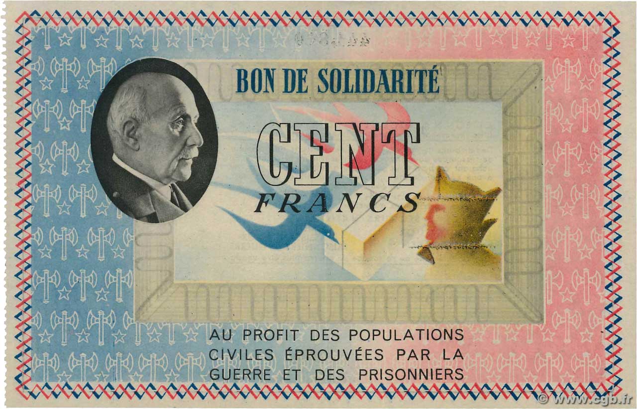 100 Francs BON DE SOLIDARITÉ FRANCE Regionalismus und verschiedenen  1941 KL.10C1 VZ