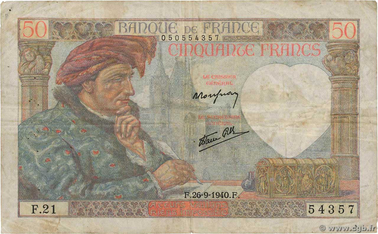 50 Francs JACQUES CŒUR FRANCE  1940 F.19.03 B+