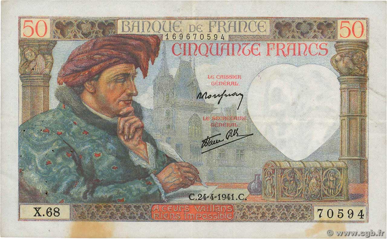 50 Francs JACQUES CŒUR FRANCE  1941 F.19.09 TTB