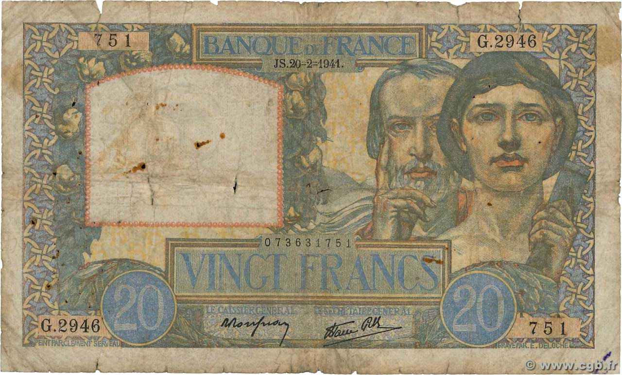 20 Francs TRAVAIL ET SCIENCE FRANCIA  1941 F.12.12 q.B