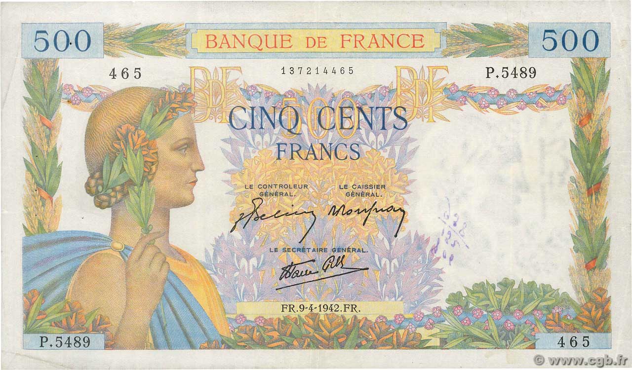 500 Francs LA PAIX FRANCE  1942 F.32.34 pr.TTB