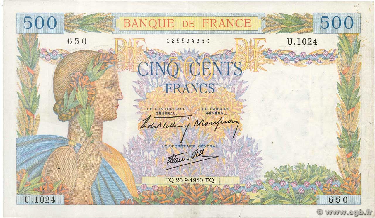 500 Francs LA PAIX FRANKREICH  1940 F.32.06 fSS
